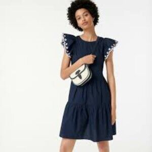 J Crew Tiered embroidered ruffle-sleeve dress 100% cotton w/ pockets Large Navy